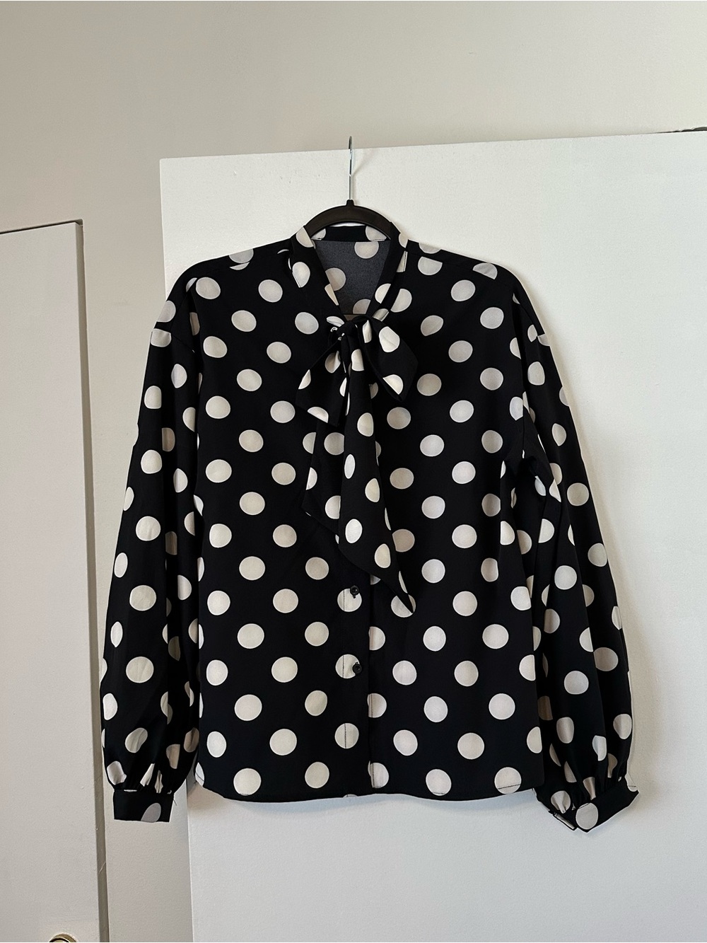 Polka Dot Tie-Neck Blouse - Black & White